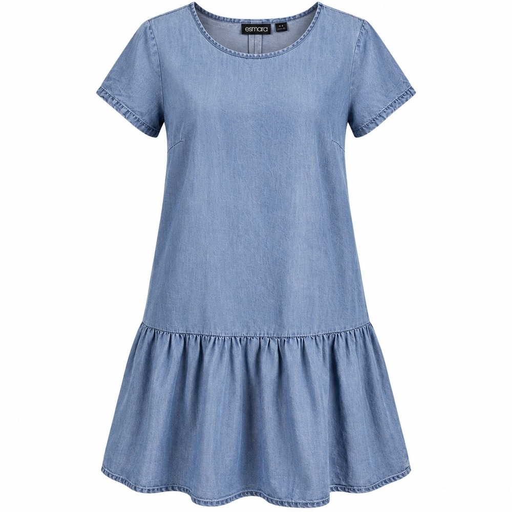 Esmara 100% Tencel Lyocell Chambray Dress Womens 8 Blue Denim Drop Waist Ruffle